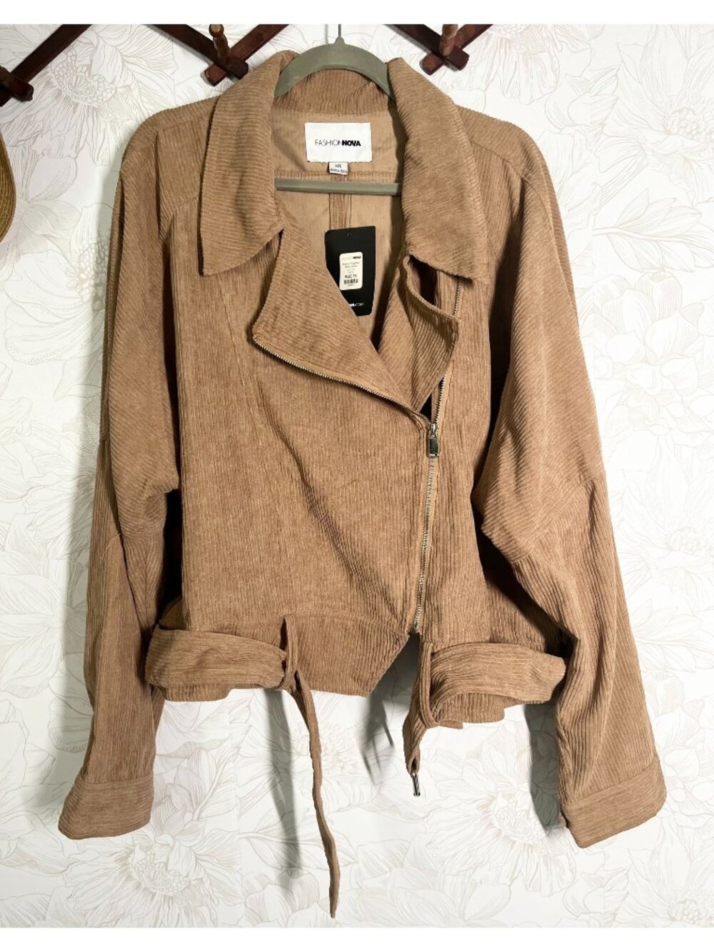 Fashion Nova Camel Corduroy Moto Jacket 3X With Buckle Belt & Snap Cuffs